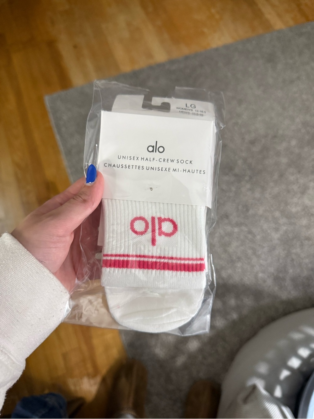 ALO Yoga White Half-Crew Socks with Pink Logo and Stripes